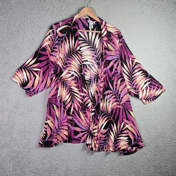 Catherines 3XWP Petite Palm Print Cardigan Purple Loose Knit Open Front Relaxed - Picture 1 of 7